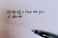 Ã¢â¬ÅHow are youÃ¢â¬Â neat paper handwritings pattern in both Chinese with pinyin and English characters